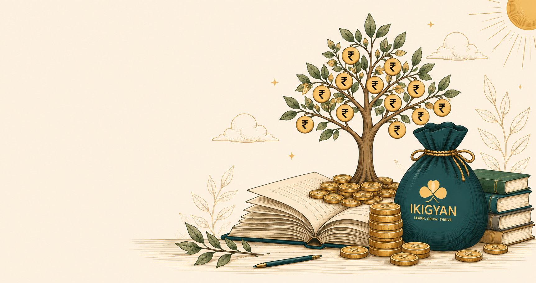A tree growing rupee coins above an open book and a stack of coins beside an Ikigyan money pouch.