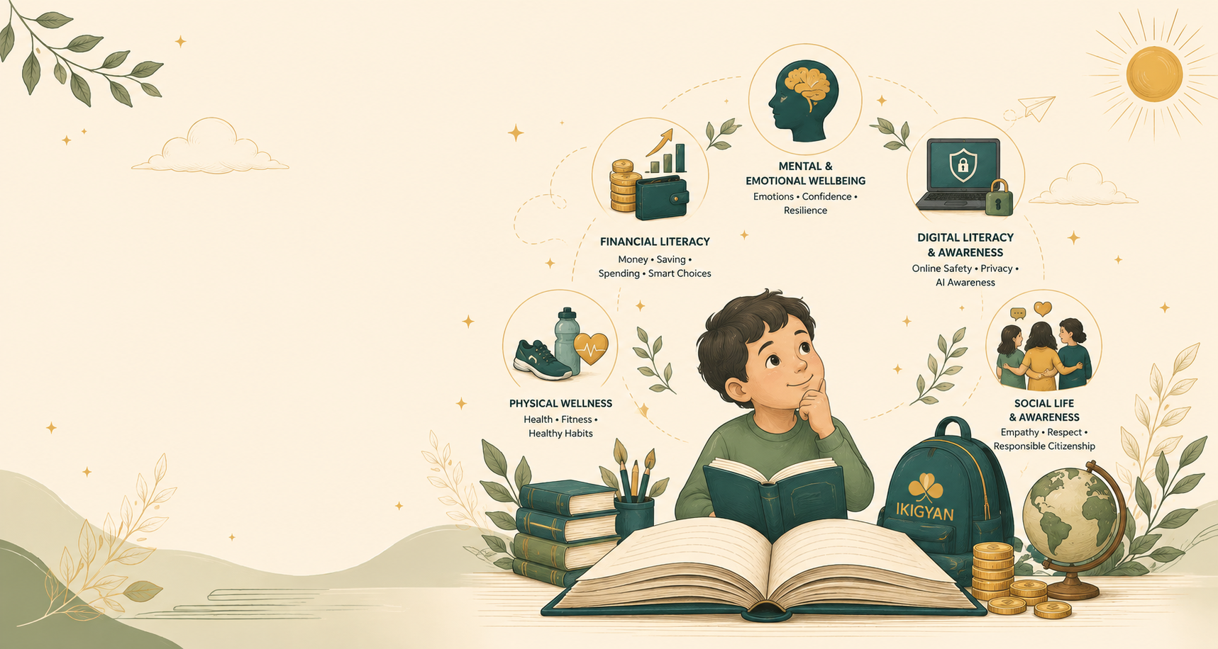 A child at a desk looks up thoughtfully, surrounded by five circles representing financial, emotional, physical, social and digital learning.